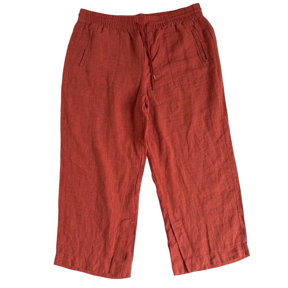 Athleta 100% Linen Wide Leg Pants Women Size 20 Terracotta Orange Cropped Summer